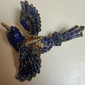 Blue and Gold Crystal Bird Brooch